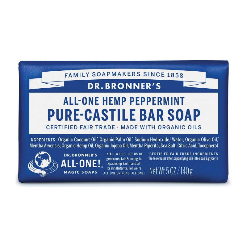 DR. BRONNER'S 76706 Pure-Castile Soap, Bar, Off-White, Peppermint, 5 oz Wrapper - 1