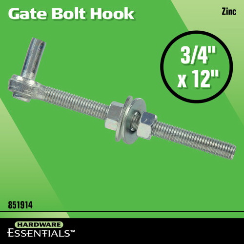 Hardware Essentials 851914 Gate Bolt Hook, 3/4 in Thread, 12 in L, Steel, Zinc - 2