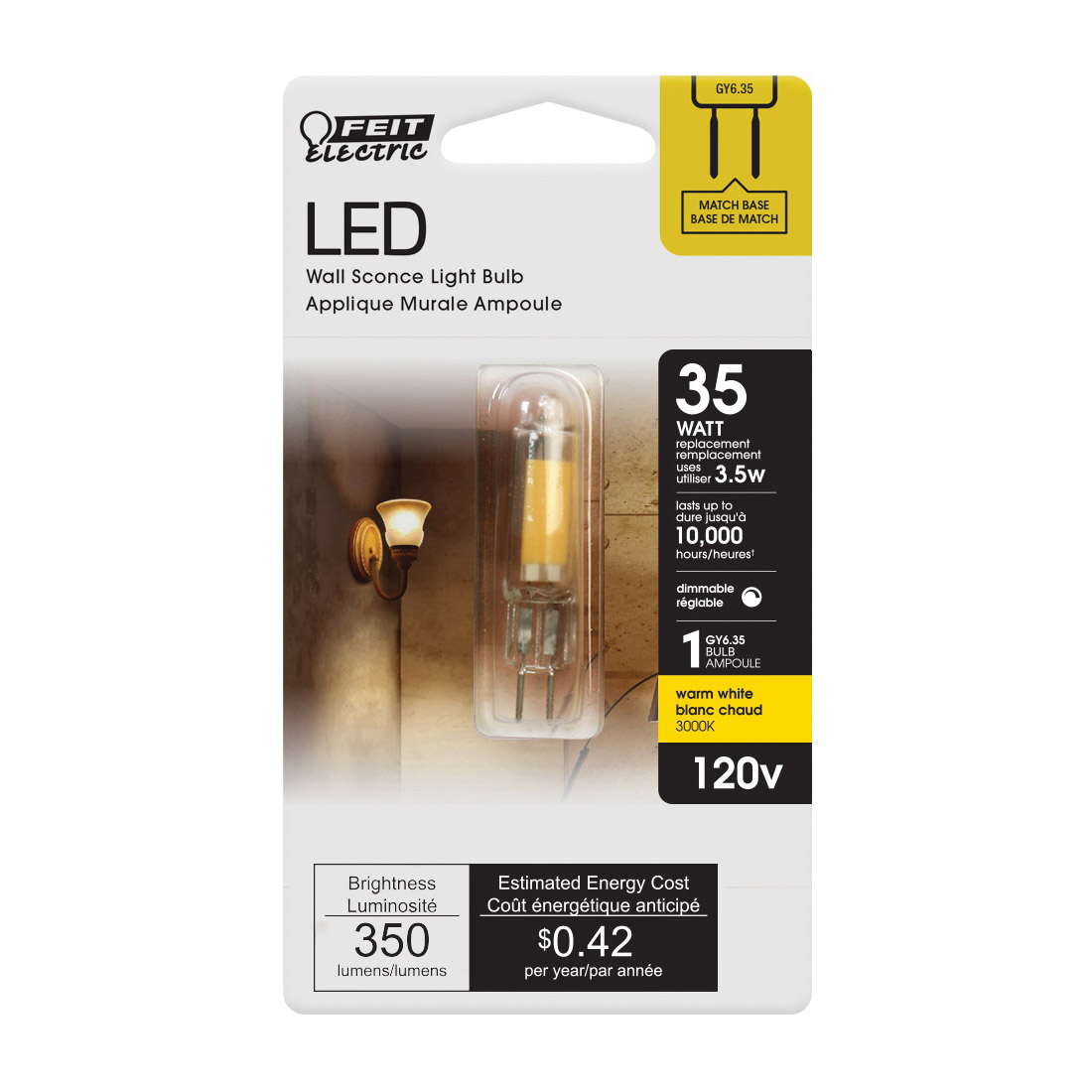 Feit Electric BP35JCD/830/LED LED Light Bulb, Specialty, 35 W Equivalent, GY6.35 Lamp Base, Dimmable, Clear