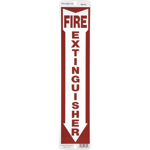 Hillman 844112 Safety Sign, Fire Extinguisher, Red Legend, White Background, Aluminum, 18 in L, 4 in W