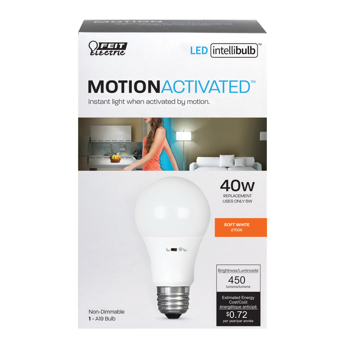 Feit Electric A450/827/MM2/LEDI IntelliBulb LED Bulb, Motion Activated, Specialty, A19 Lamp, 40 W Equivalent