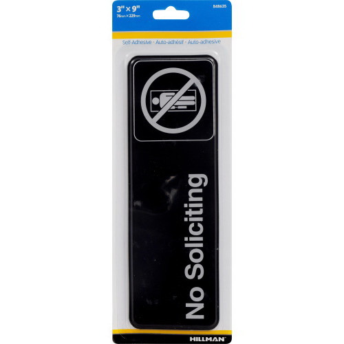 Hillman 848635 Safety Sign, No Soliciting, White Legend, Black Background, Plastic, 9 in L, 3 in W