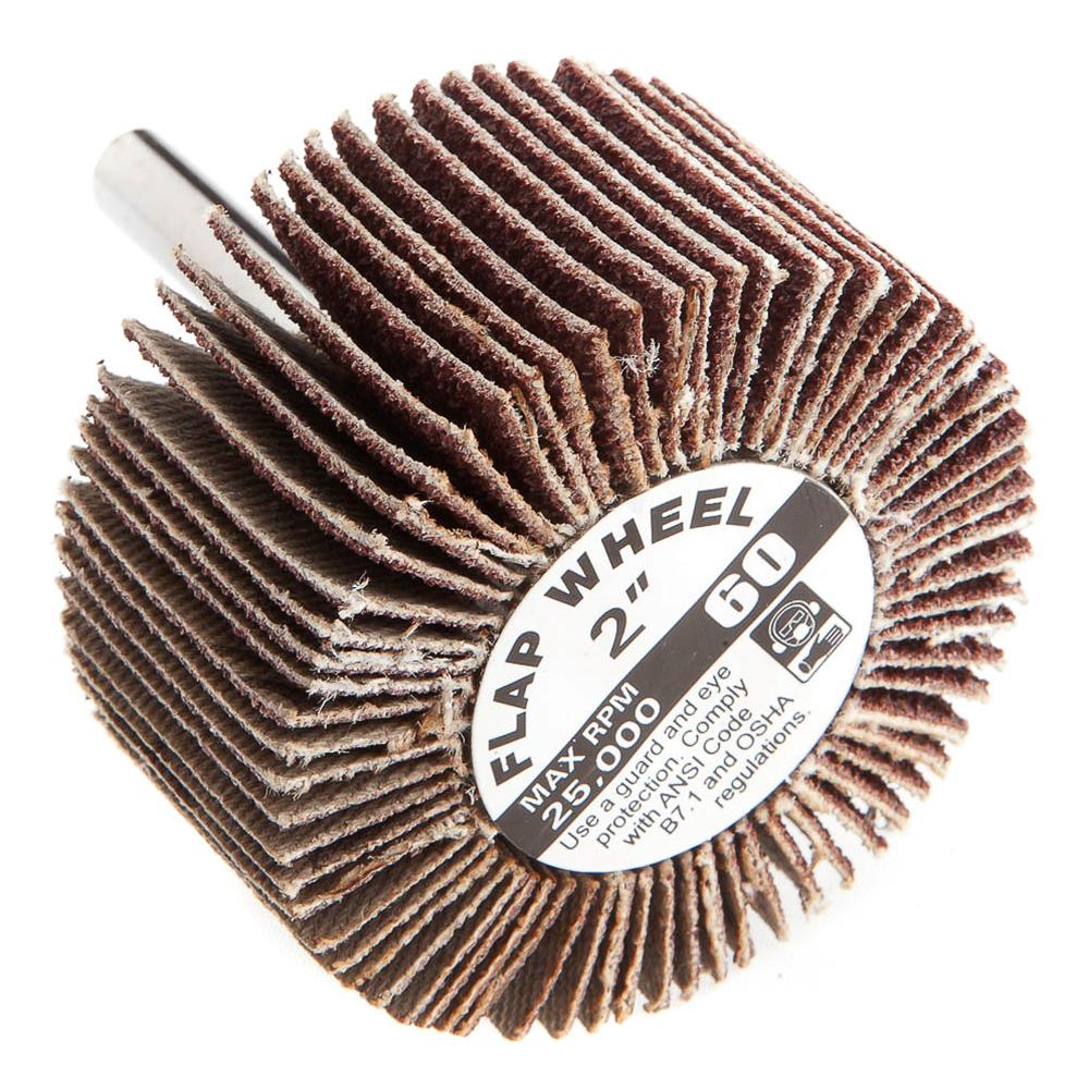 60184 Flap Wheel, Applicable Materials: Metal, Wood, 2 in Dia, 1 in Thick, 1/4 in Arbor, 60 Grit