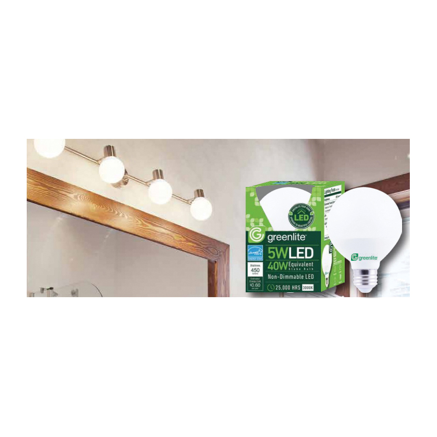 Greenlite 5W/LED/ELG LED Vanity Bulb, Globe, Specialty, 40 W Equivalent, E26 Lamp Base, Bright White Light