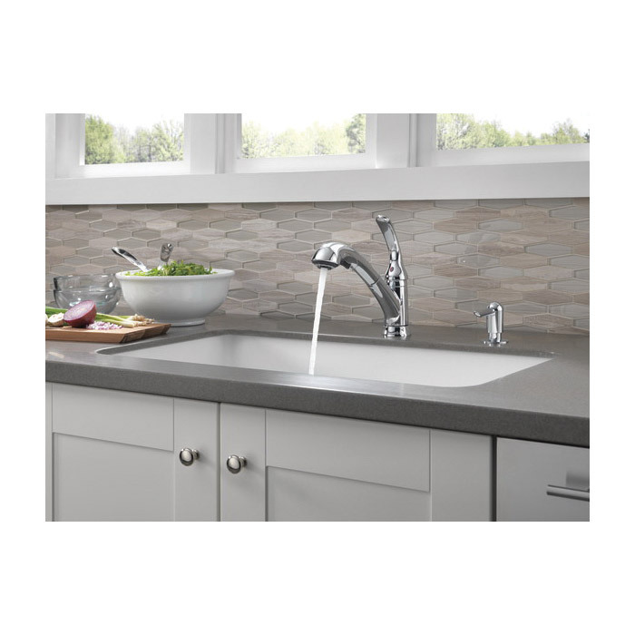 Foundations Kitchen Faucet, Delta, Pull Out, 1-Handle, Chrome, Includes Soap Dispenser - 2