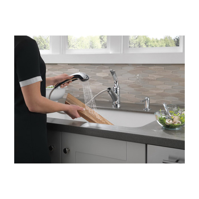 Foundations Kitchen Faucet, Delta, Pull Out, 1-Handle, Chrome, Includes Soap Dispenser - 4