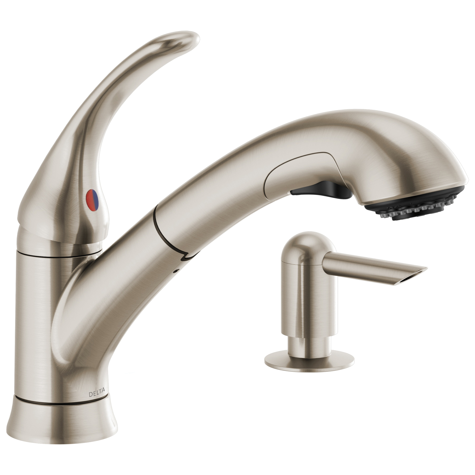 Foundations Kitchen Faucet, Delta, Pull Out, 1-Handle, Stainless, Includes Soap Dispenser - 1