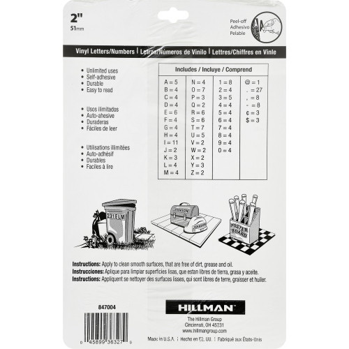 Hillman 847004 Letters and Numbers, 2 in H Character, 3/4 in W Character, Black Character, Vinyl