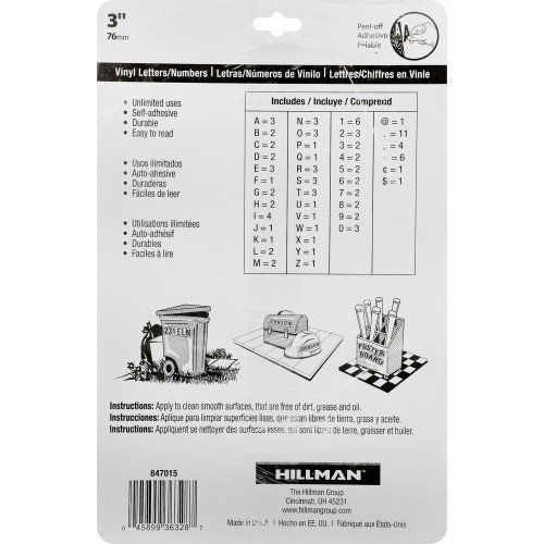 Adhesive Die-Cut Letter & Number Pack, Hillman, Black Vinyl, 3 in, Assortment - 3
