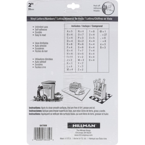 Adhesive Die-Cut Letter & Number Pack, Hillman, White Vinyl, 2 in, Assortment - 3