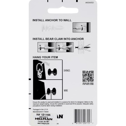 Hillman Bear Claw 121166 Hanger, 100 lb, Black-Coated