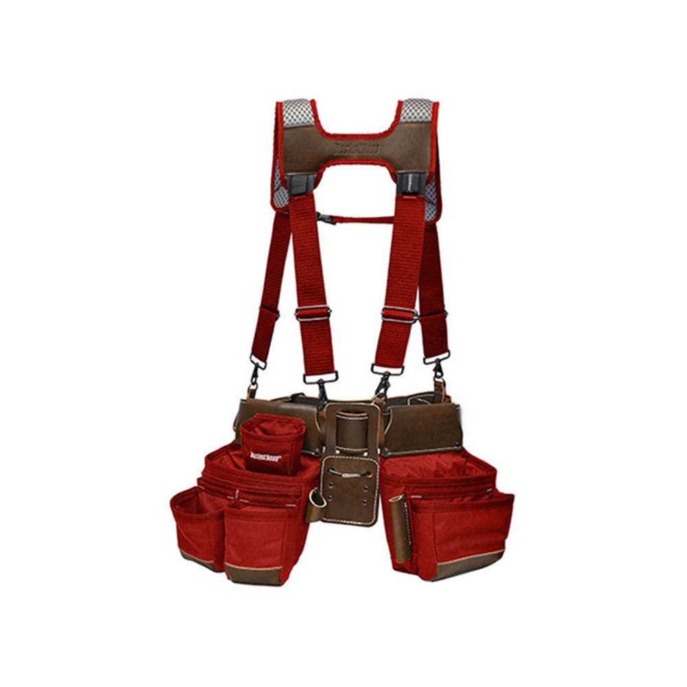 55505-RD Suspension Rig Tool Belt, 52 in Waist, Leather, Red, 19-Pocket