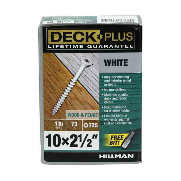 Deck Plus 48844 Deck Screw, White, #10 Thread, 2-1/2 in L, Steel, Ceramic-Coated, Flat Head, Star Drive