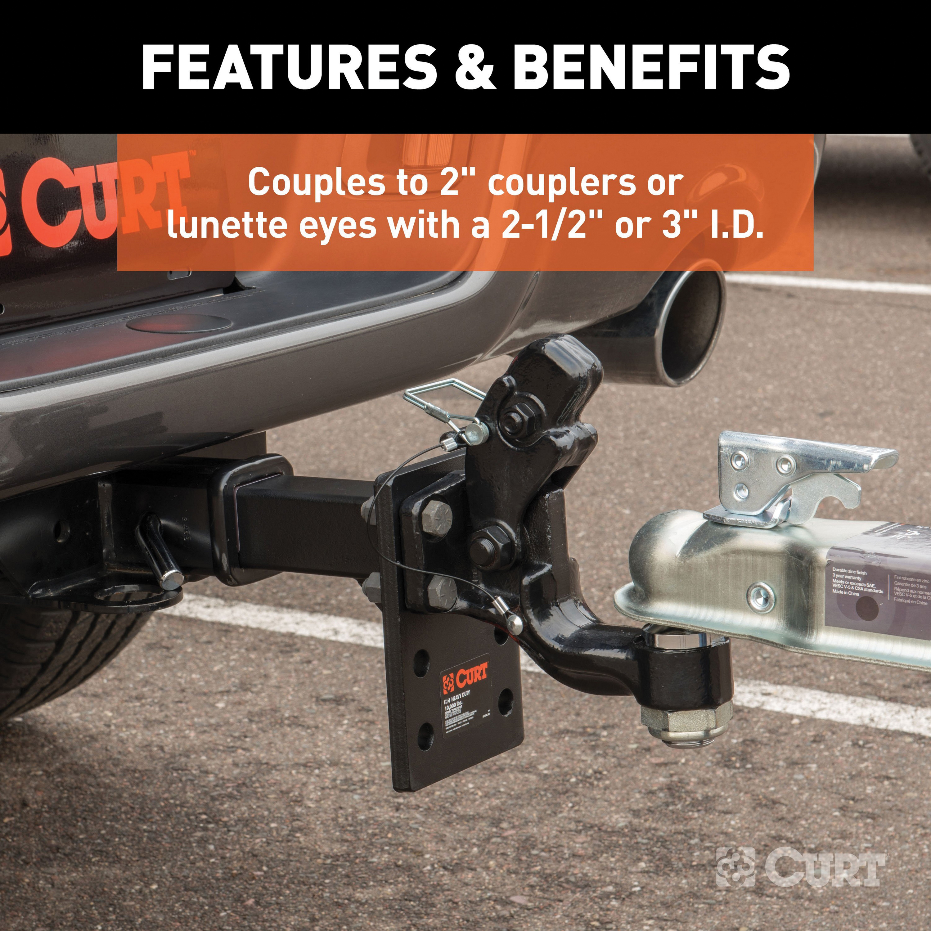Curt 48190 Ball and Pintle Combination, 10,000 lb, 16,000 lb Working Load, Powder-Coated, 2 in Dia Eye, Steel - 5