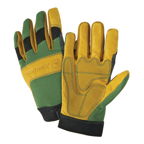 JD00009-XL Gloves, Men's, XL, Reinforced Thumb, Hook and Loop Cuff, Spandex Back, Green/Yellow