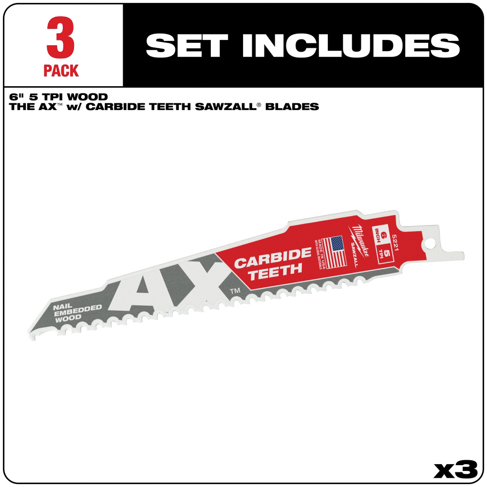 Ax Reciprocating Saw Blade, Milwaukee, 1 in W, 6 in L, Carbide Cutting Edge - 2