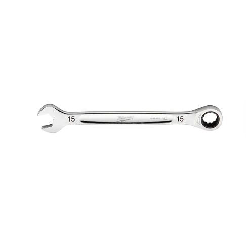 45-96-9315 Ratcheting Combination Wrench, Metric, 15 mm Head, 8.17 in L, 12-Point, Steel, Chrome