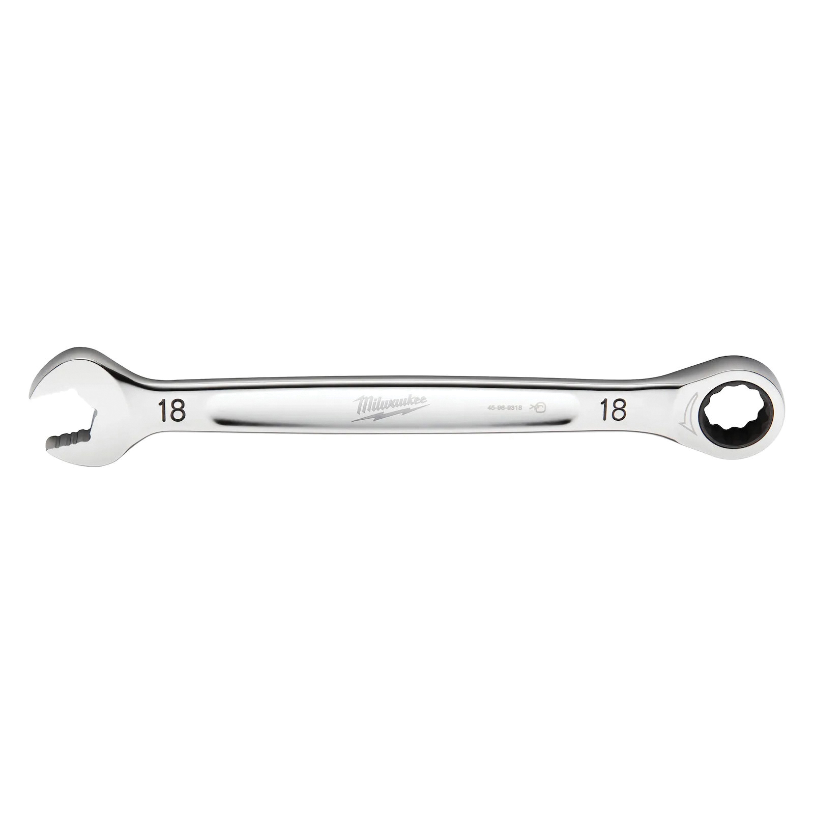 45-96-9318 Ratcheting Combination Wrench, Metric, 18 mm Head, 9.55 in L, 12-Point, Steel, Chrome-Plated