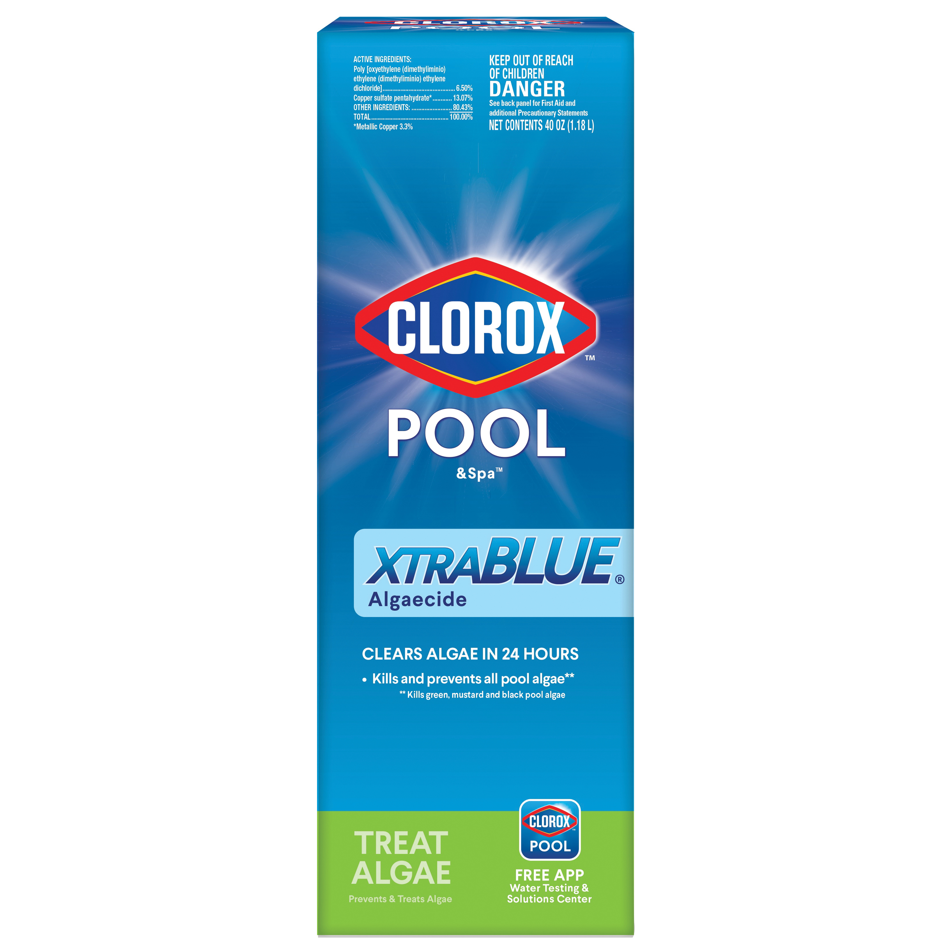 POOL & Spa XtraBlue 44340CLX Pool Algaecide, 40 oz, Liquid, Slight, Blue/Green