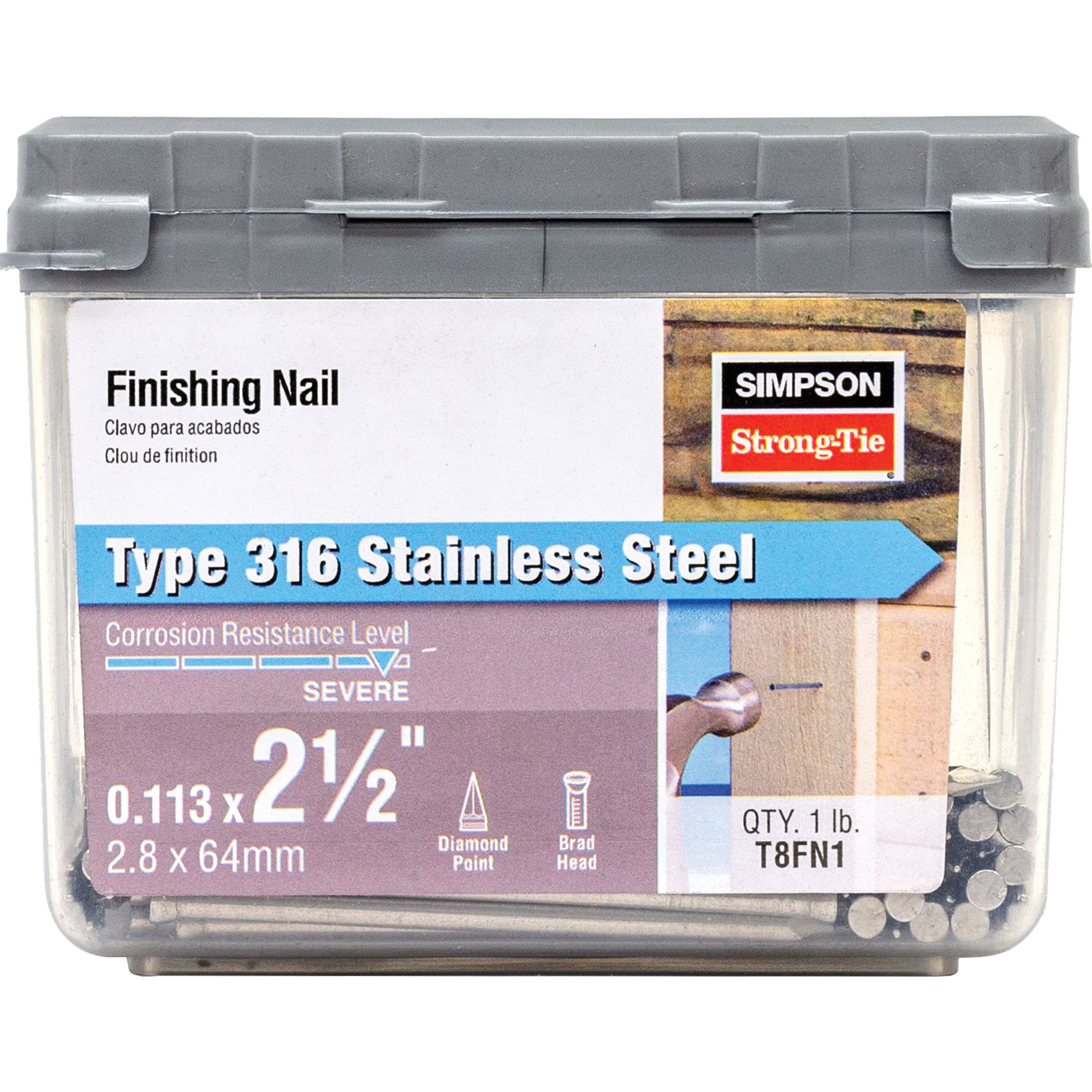 T8FN1 Finishing Nail, 8D, 2-1/2 in L, 12 ga Gauge, Stainless Steel, Brad Head, Smooth Shank