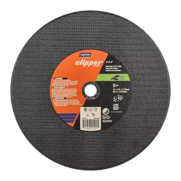 Clipper Classic 70184601491 Cut-Off Wheel, 14 in Dia, 1/8 in Thick, 1 in Arbor, 24 Grit, Extra Coarse