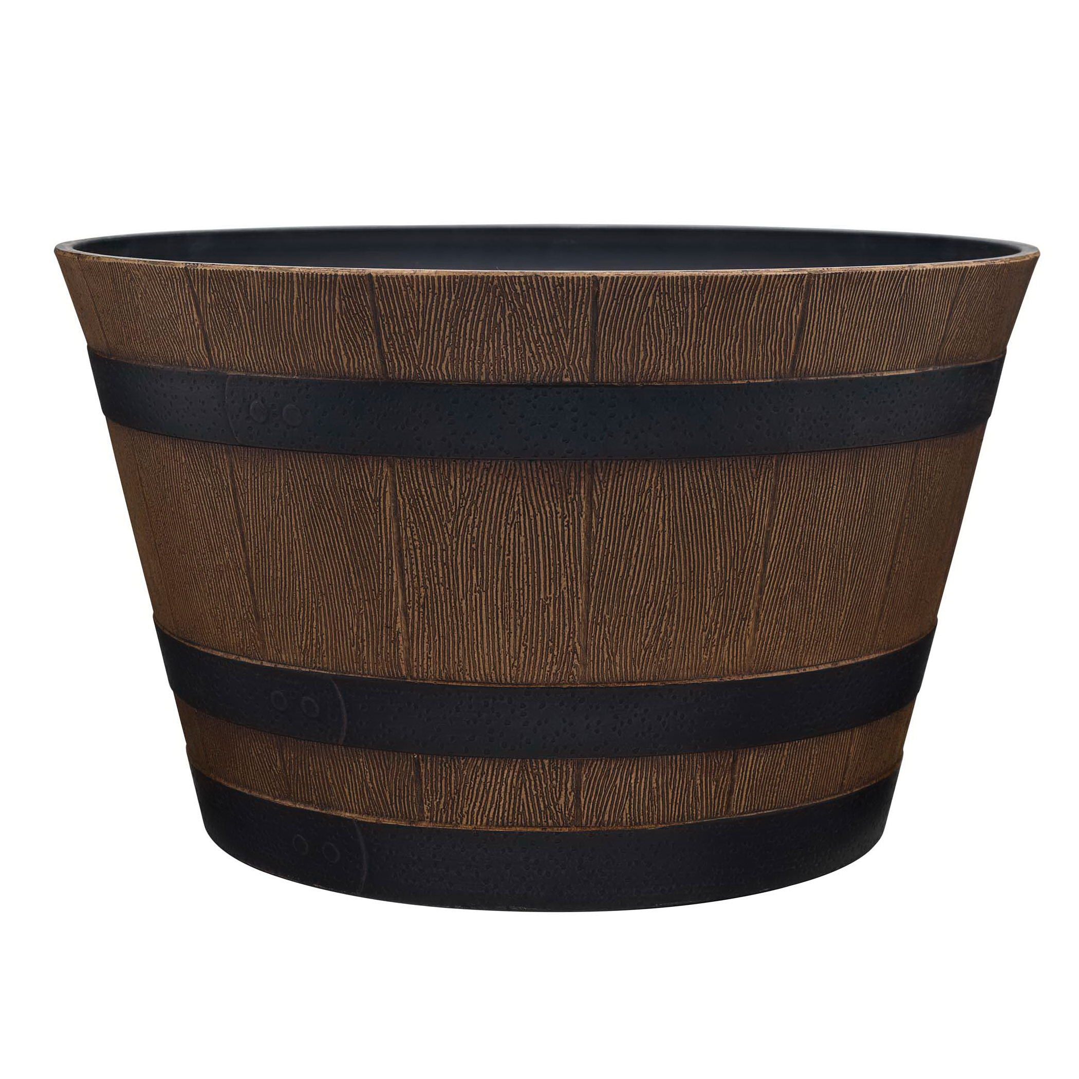 HDR-055440 Planter, 15.4 in H, 15.4 in W, 9.1 in D, Round, Whiskey Barrel Design, Plastic, Natural Oak