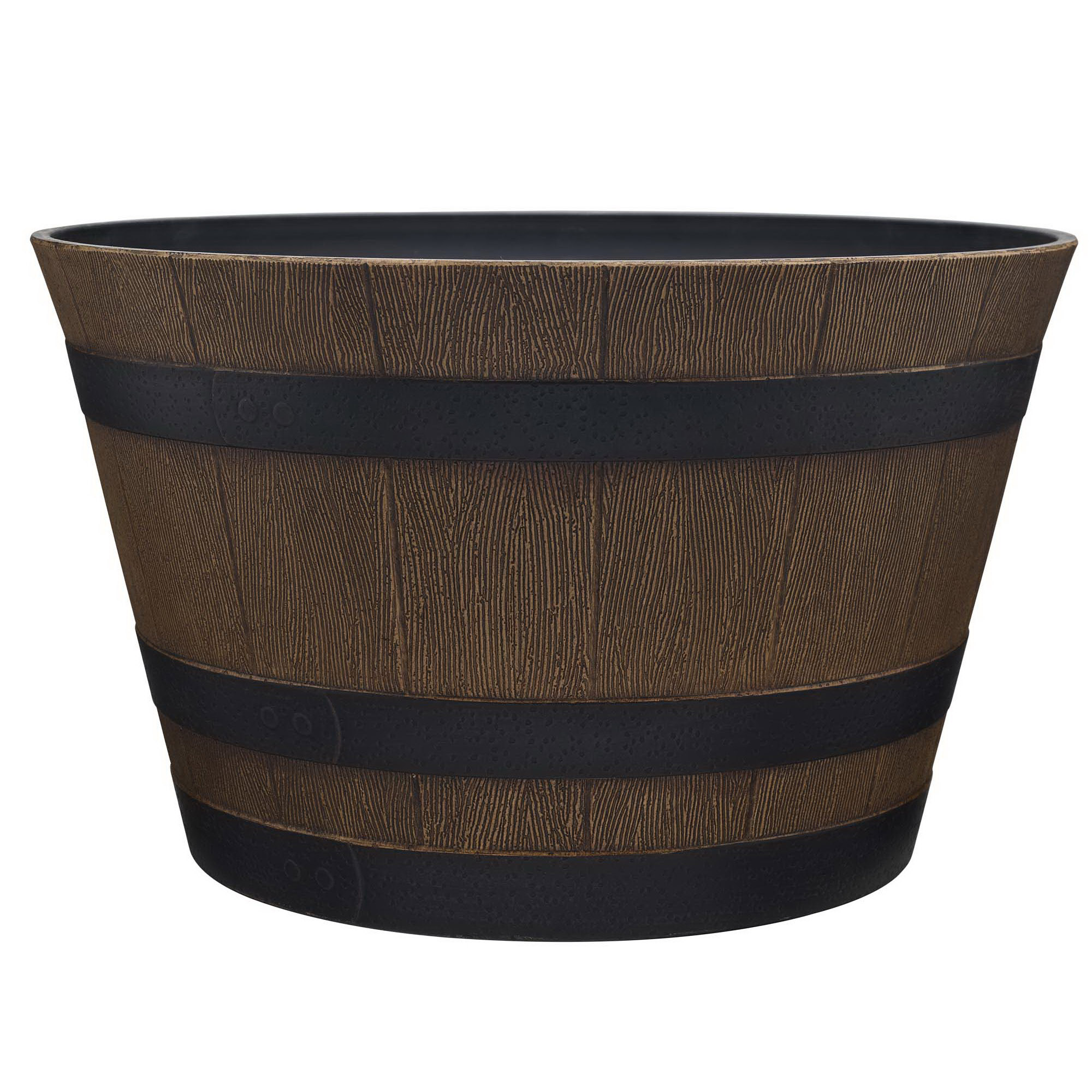 HDR-055471 Planter, 13.04 in H, 22.24 in W, 22.24 in D, Round, Whiskey Barrel Design, Resin, Natural Oak
