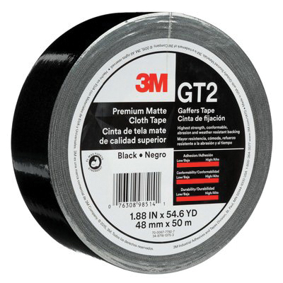 3M GT2 Gaffer's Tape, 50 m L, 48 mm W, Matte Cotton Cloth Backing, Black - 2