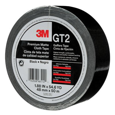 3M GT2 Gaffer's Tape, 50 m L, 48 mm W, Matte Cotton Cloth Backing, Black - 3