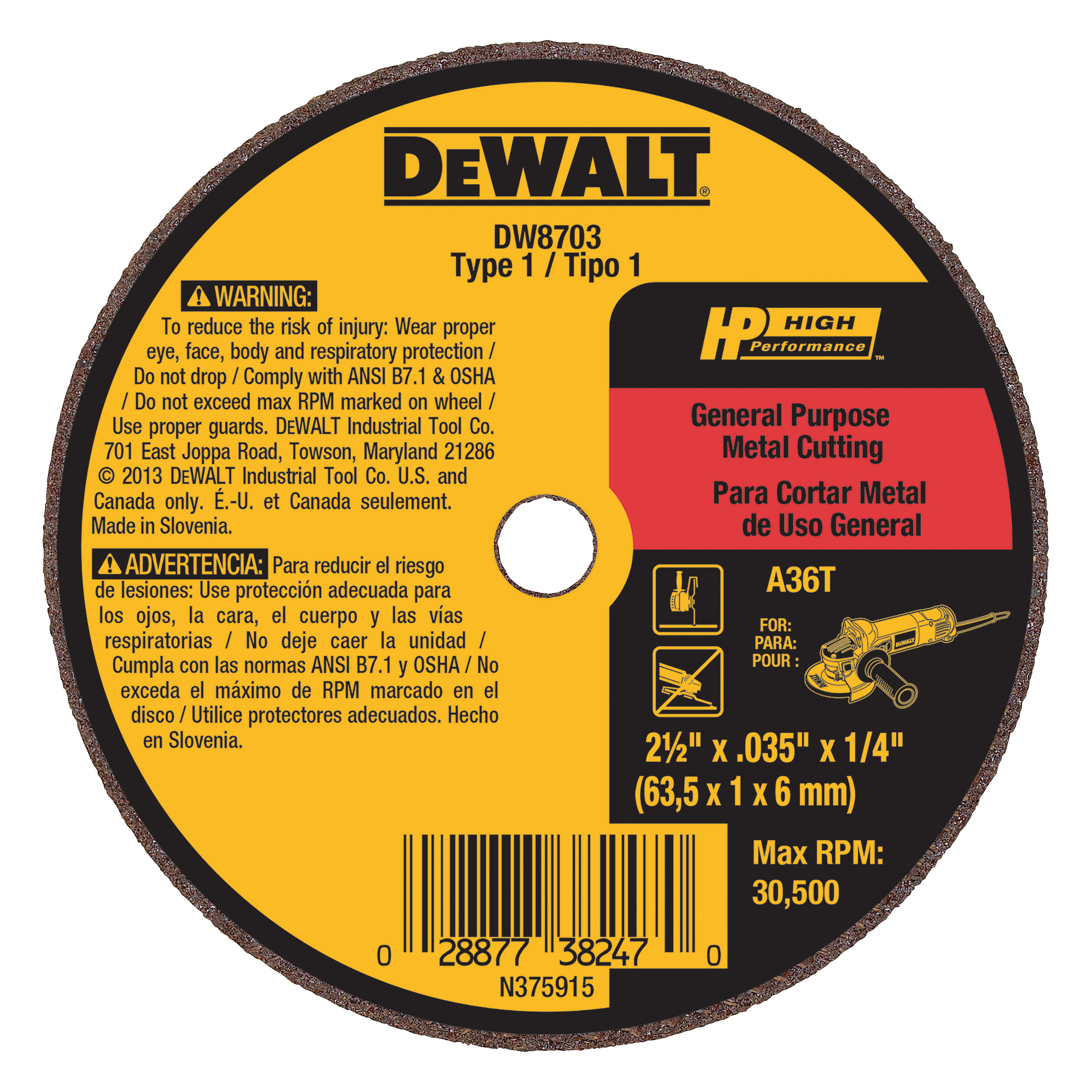 DW8712 Die Grinder Wheel, 3 in Dia, 0.035 in Thick, 3/8 in Arbor, A60T Grit, Aluminum Oxide Abrasive