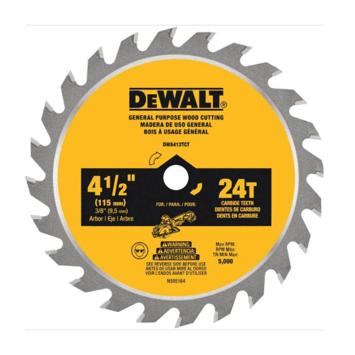 DWA412TCT Circular Saw Blade, 4-1/2 in Dia, 3/8 in Arbor, 24-Teeth, Carbide Cutting Edge