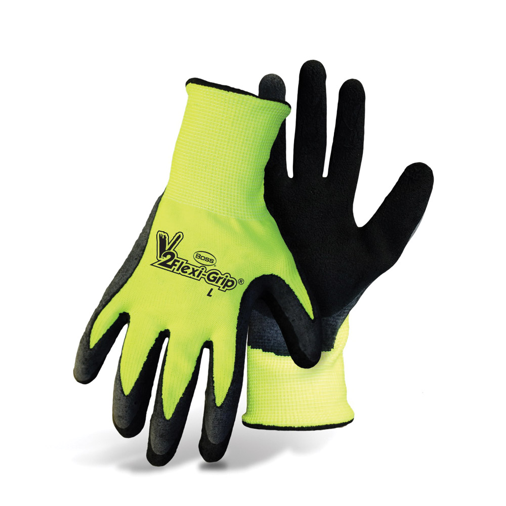 V2 FLEXI-GRIP 8412-L Coated Gloves, Men's, L, Knit Cuff, Latex Coating, Polyester Glove, Black/Fluorescent Yellow