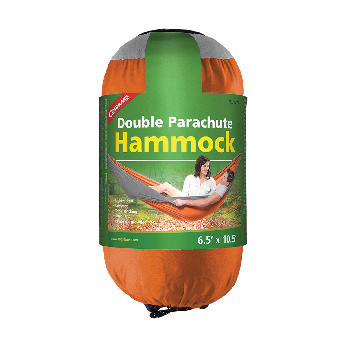 Coghlan's 1759 Double Parachute Hammock, 10-1/2 ft L, 6-1/2 ft W, 400 lb, Nylon, Gray/Orange - 2