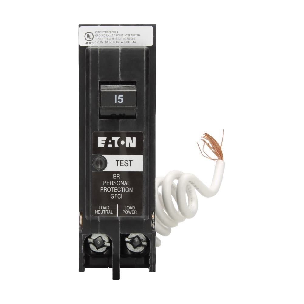 BRN115GF Circuit Breaker, BR, GFCI, 15 Amp, 1-Pole, 120/240 VAC, Plug