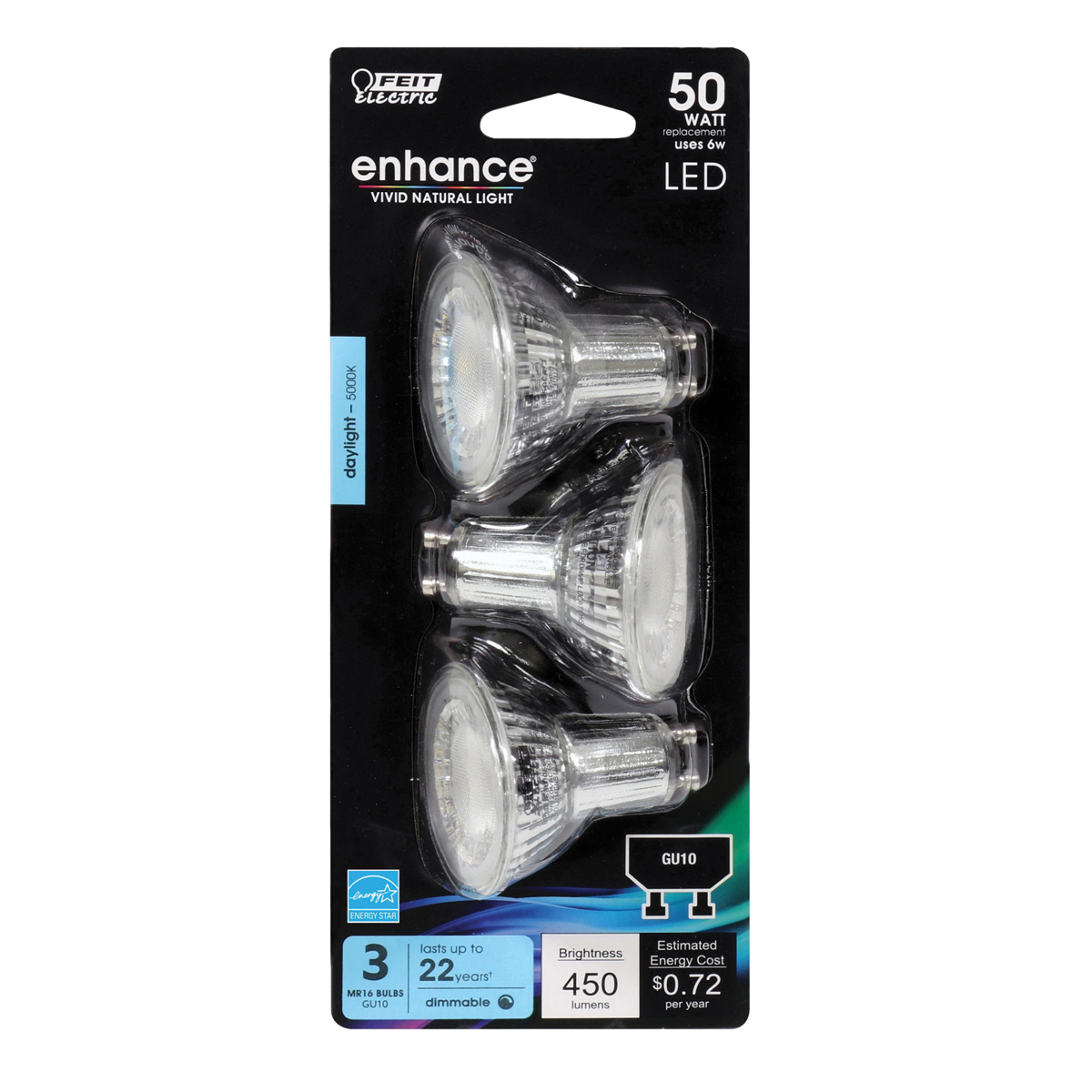 Feit Electric BPMR16GU10500950CA/3 LED Bulb, Track/Recessed, 120 V, 6 W, MR16 Lamp, 50 W Equivalent, GU10 Lamp Base - 2