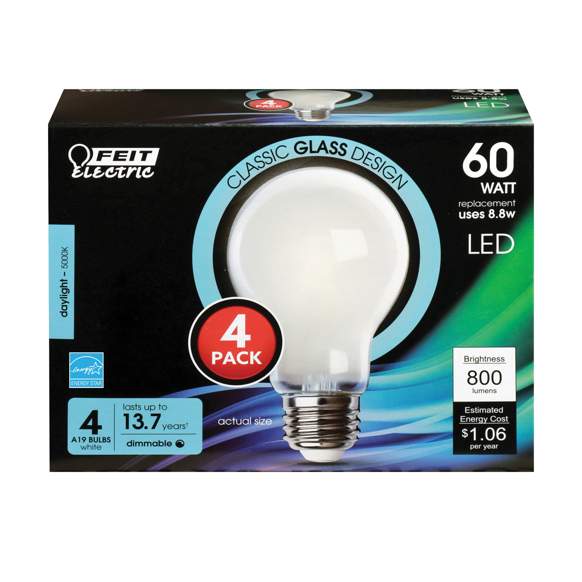 Feit Electric A1960/950CA/FIL/4 LED Bulb, 800 Lumens, 8.8 W, A19 Lamp, 60 W Equivalent, E26 Lamp Base