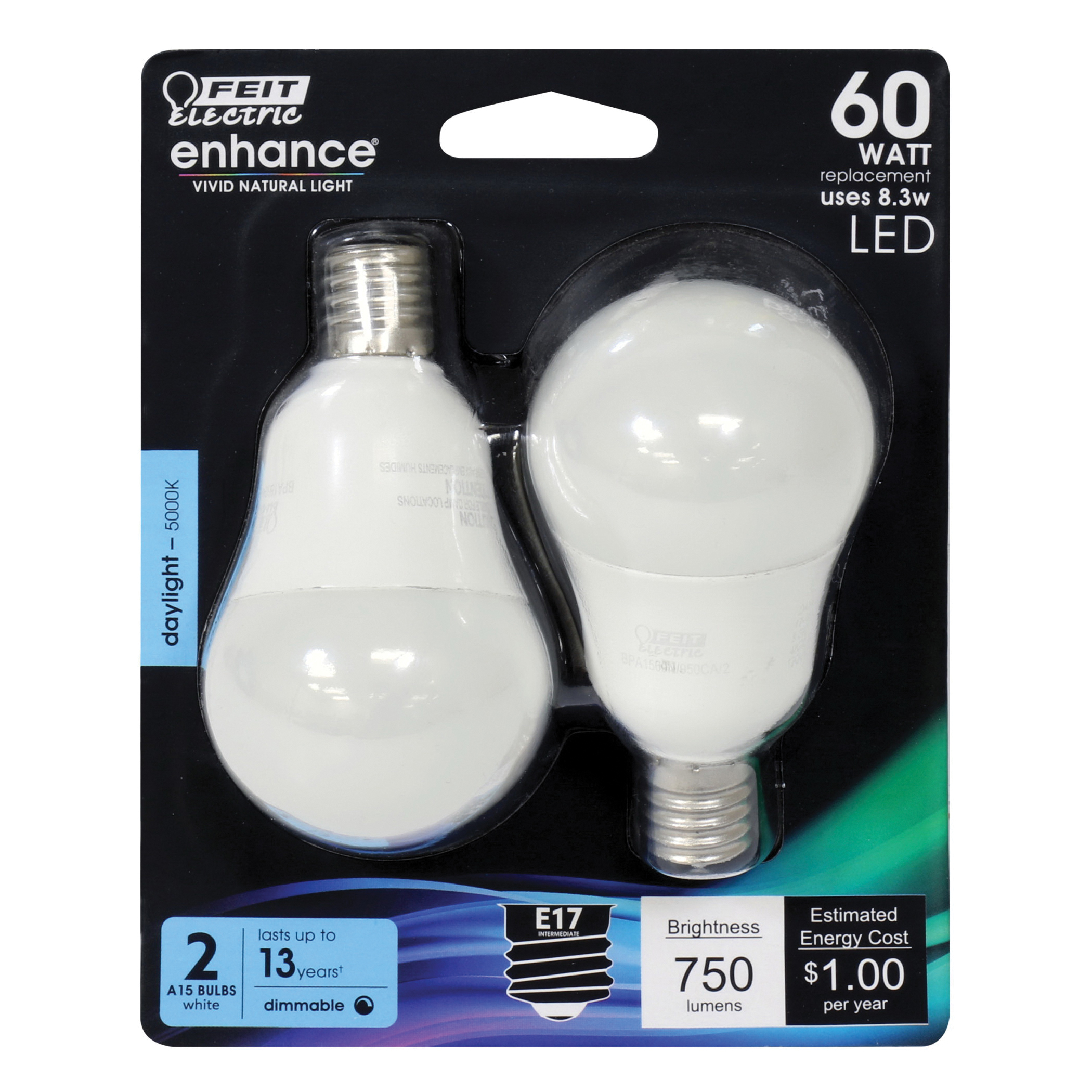 Feit Electric BPA1560N/950CA/2 LED Bulb, General Purpose, A15 Lamp, 60 W Equivalent, E17 Lamp Base, Dimmable, White