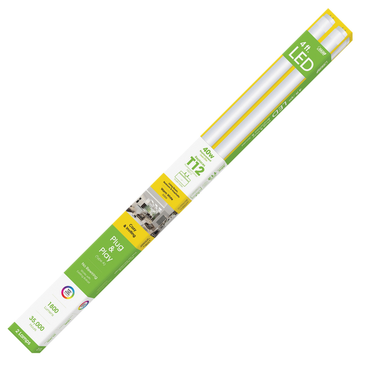 Feit Electric T1248/830/LEDG2/2 LED Fluorescent Tube, 1800 Lumens, 20 W, T12 Lamp, 40 W Equivalent, Frosted - 2