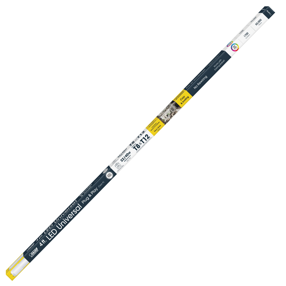 Feit Electric T48/830/LEDG2 LED Fluorescent Tube, Linear, T8, T12 Lamp, G13 Lamp Base, Frosted, Warm White Light
