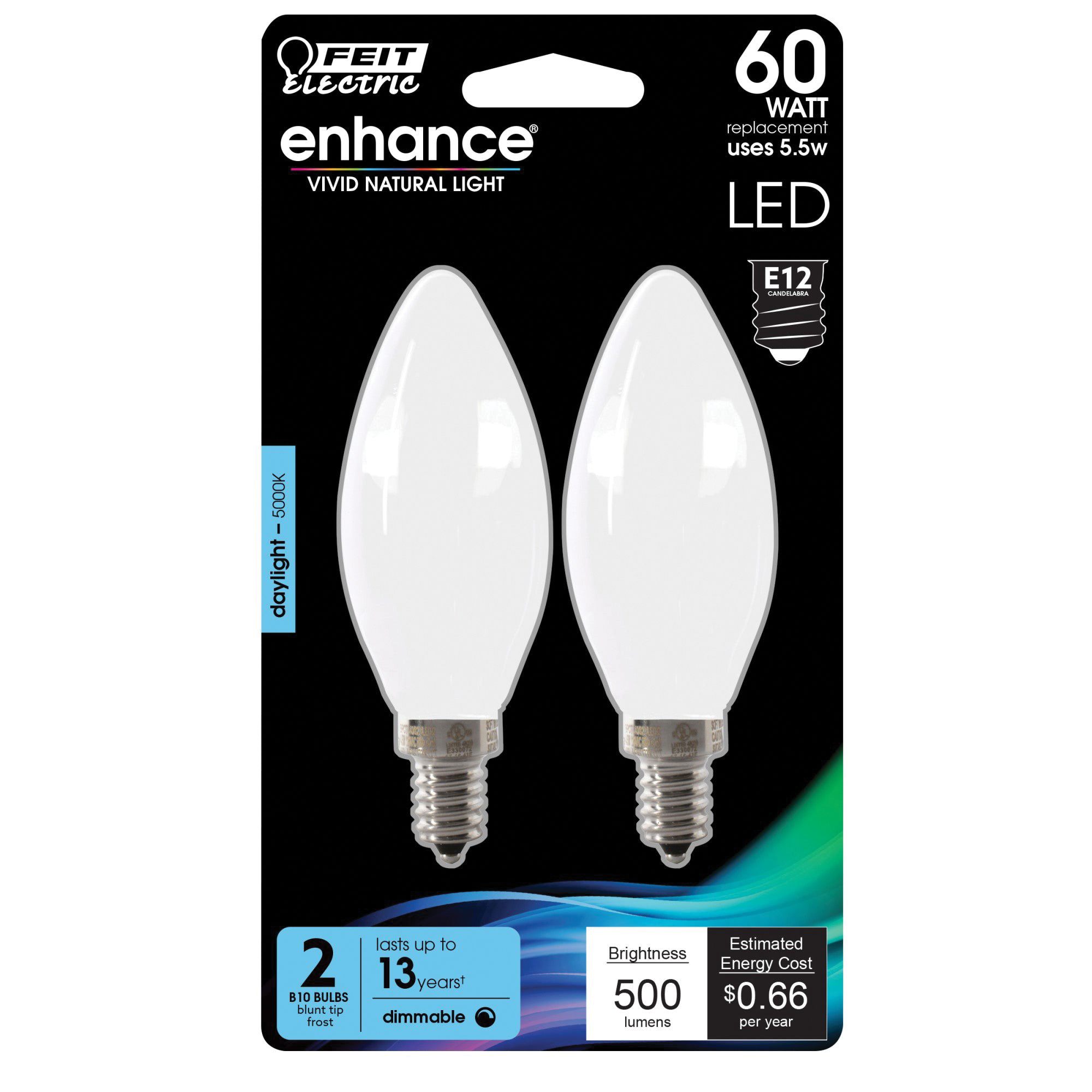 Feit Electric BPCTF60/950CA/FIL/2 Filament LED Bulb, Decorative, B10 Lamp, 60 W Equivalent, E12 Candelabra Lamp Base - 2