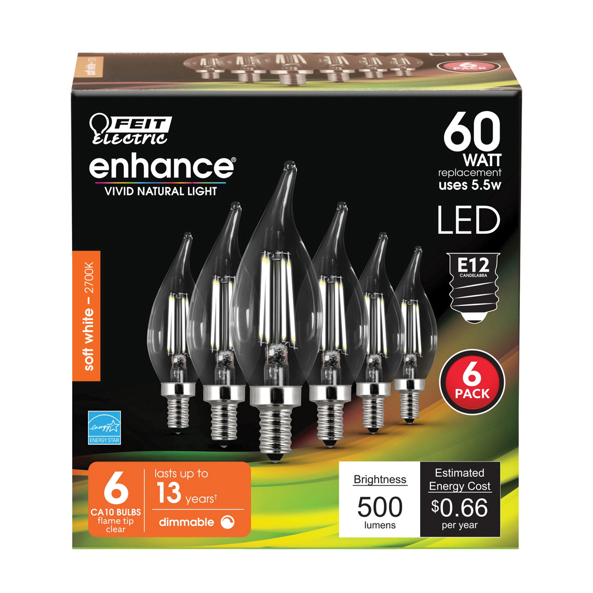 Feit Electric CFC60/927CA/FIL/6 LED Bulb, Decorative, 60 W Equivalent, E12 Lamp Base, Dimmable, Clear - 2