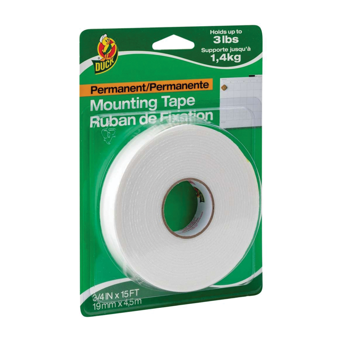 Duck 394666 Permanent Mounting Tape, 15 ft L, 3/4 in W, Polyethylene Foam Backing, White