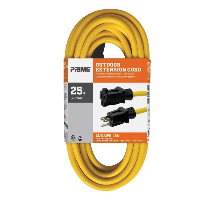 Prime EC500825 Outdoor Extension Cord, 12 AWG Wire, 3 -Conductor, 25 ft L, Yellow Sheath, 125 V - 2