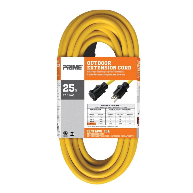 Prime EC500825 Outdoor Extension Cord, 12 AWG Wire, 3 -Conductor, 25 ft L, Yellow Sheath, 125 V - 3