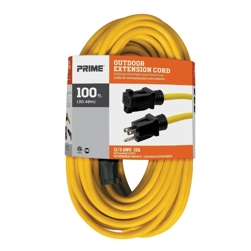 Prime EC500835 Outdoor Extension Cord, 12 AWG Wire, 3 -Conductor, 100 ft L, Yellow Sheath, 125 V - 2