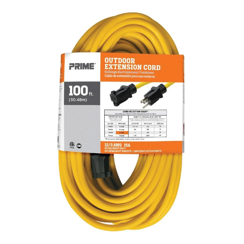 Prime EC500835 Outdoor Extension Cord, 12 AWG Wire, 3 -Conductor, 100 ft L, Yellow Sheath, 125 V - 3