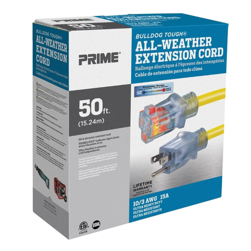 Prime Bulldog Tough LT511930 Oil-Resistant Extension Cord, 10 AWG Wire, 3 -Conductor, 50 ft L, Yellow Sheath, 125 V - 4