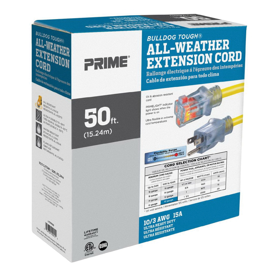 Prime Bulldog Tough LT511930 Oil-Resistant Extension Cord, 10 AWG Wire, 3 -Conductor, 50 ft L, Yellow Sheath, 125 V - 5