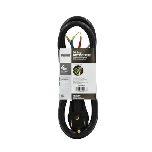 Dryer Cord, Prime, 10 AWG Cable, 4 ft L, 30 A, 125/250 V, Black - 2