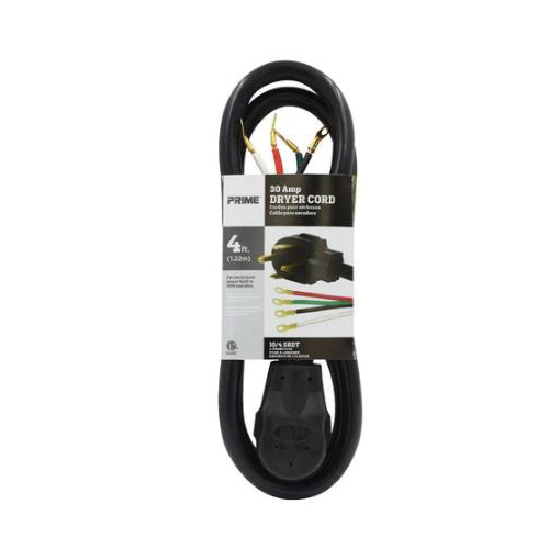 Dryer Cord, Prime, 10 AWG Cable, 4 ft L, 30 A, 125/250 V, Black - 3